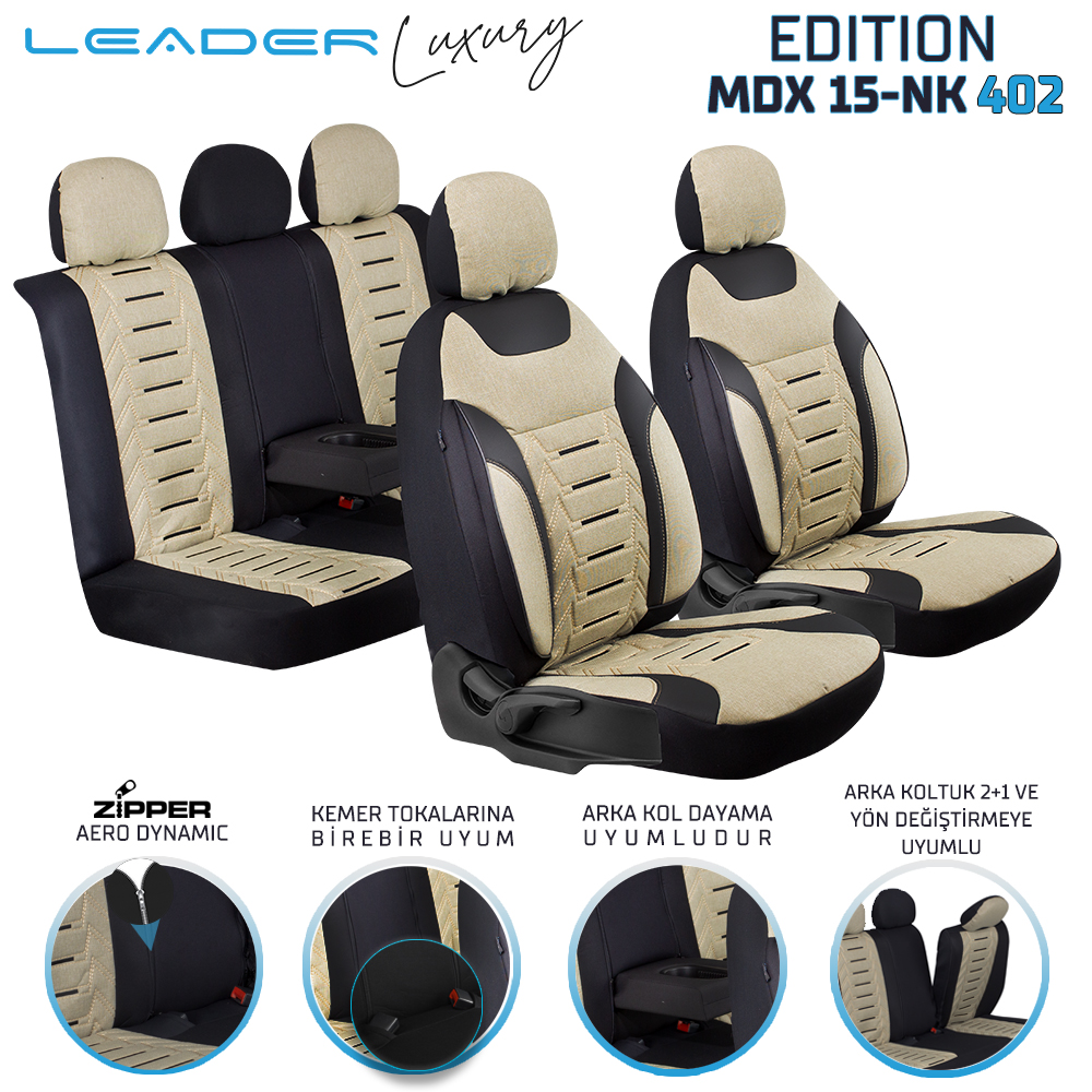 Leader Edition / Nakış Keten Fermuarlı / Universal Oto Koltuk Kılıfı - Binek - Görsel 2