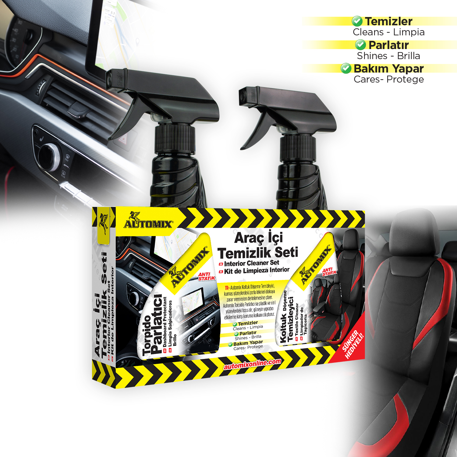 Automix Araç İçi 2li Temizlik Seti / Torpido Parlatıcı ve Koltuk Temizleyici 300ML + 300ML - Torpido Bakım Sütü