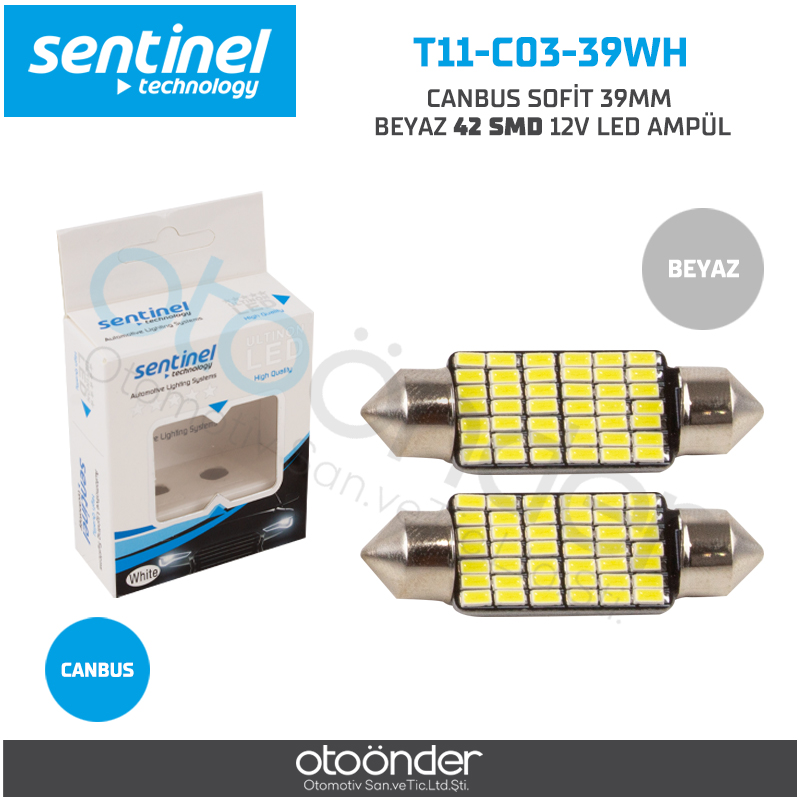 Sentinel Canbus Sofit 39Mm Beyaz 42-Smd 12V Led Ampül - 2 Adet - Sofit LED