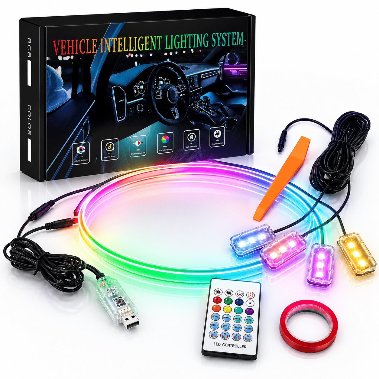 120 CM Araç İçi USB'li Ambiyans LED Torpido ve Ayak Altı Aplikasyon Kontrollü RGB Işık - LED Aydınlatma