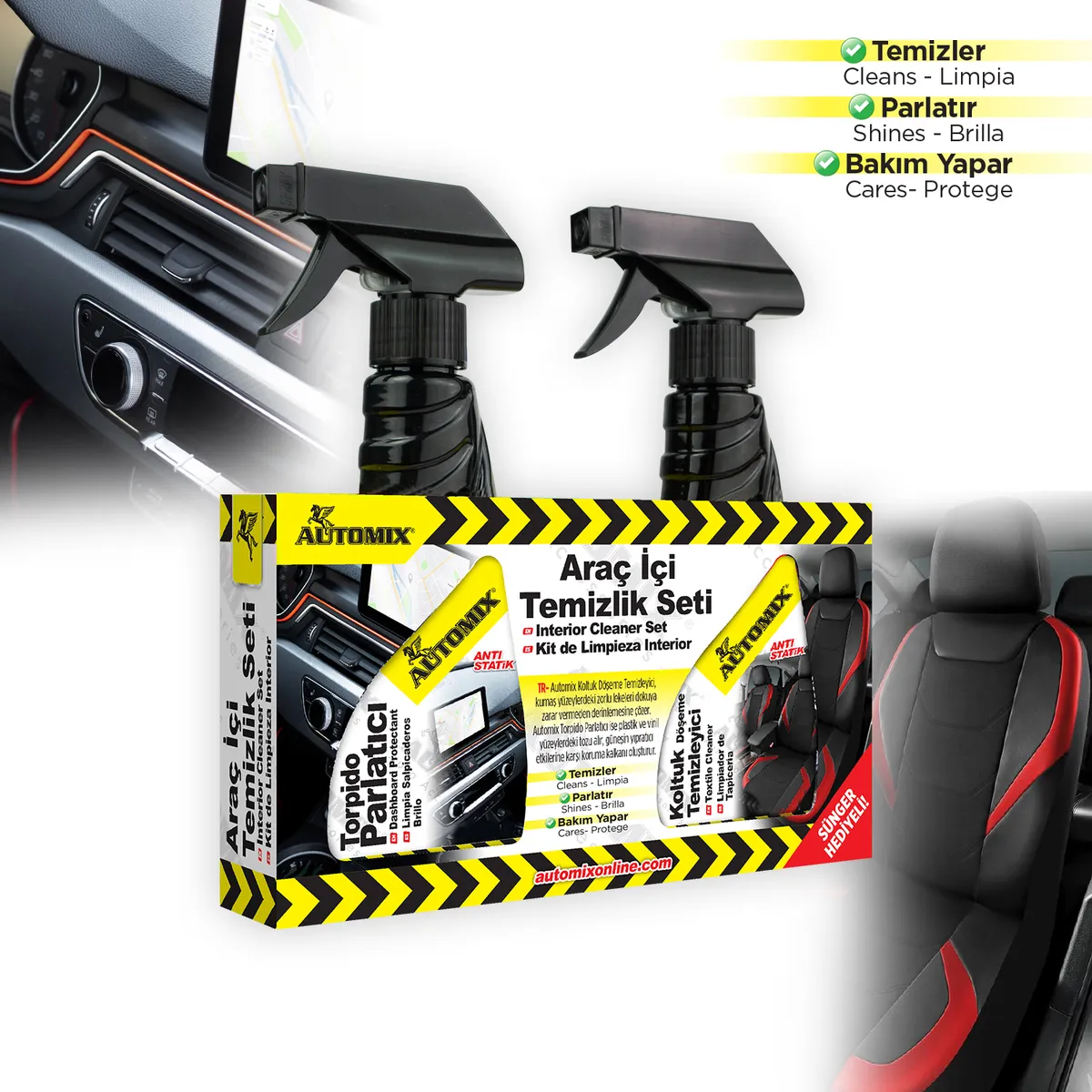 Automix Araç İçi 2li Temizlik Seti / Torpido Parlatıcı ve Koltuk Temizleyici 300ML + 300ML - Torpido Bakım Sütü