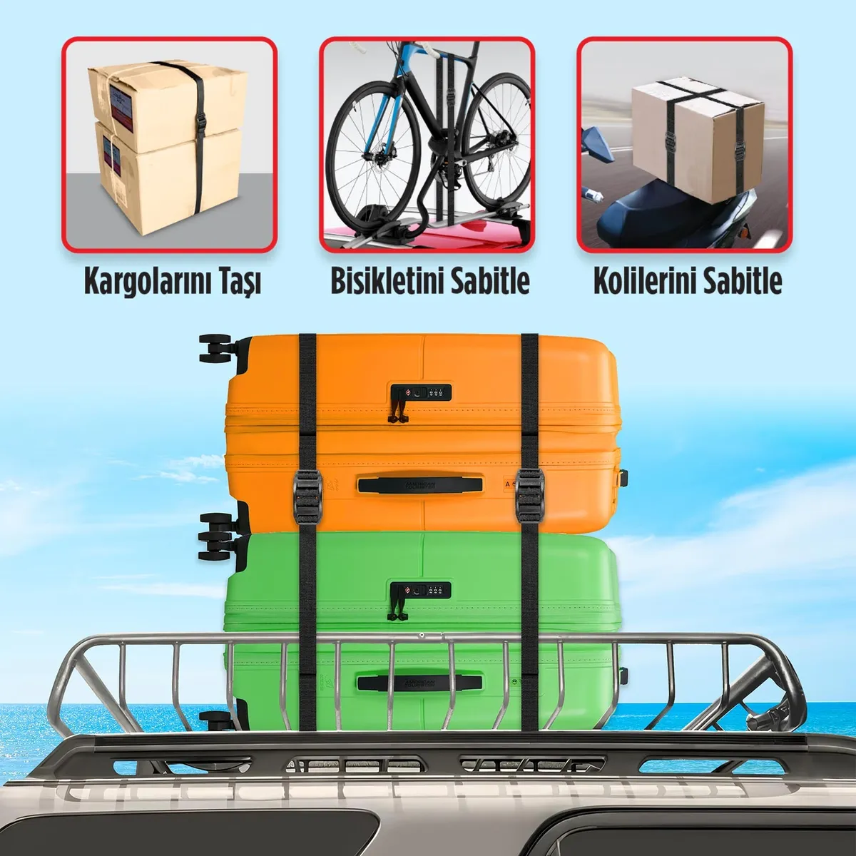 Automix Ağır Yük ve Bagaj Sabitleme Seti - Metal Kancalı Esnek File + 250 cm Tokalı Bağlama Kayışı - Bagaj Lastiği