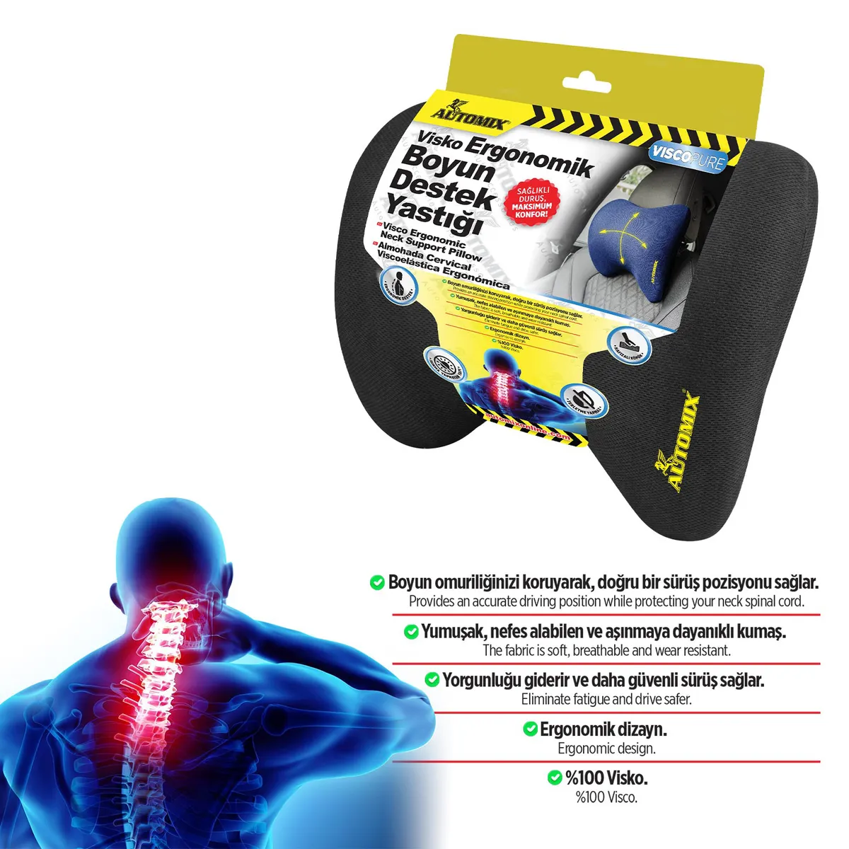 Automix Visko Ergonomik Boyun Yastığı - Oto Boyun Desteği, Ergonomik Boyun Destekli, 29x26 cm - Bel Desteği