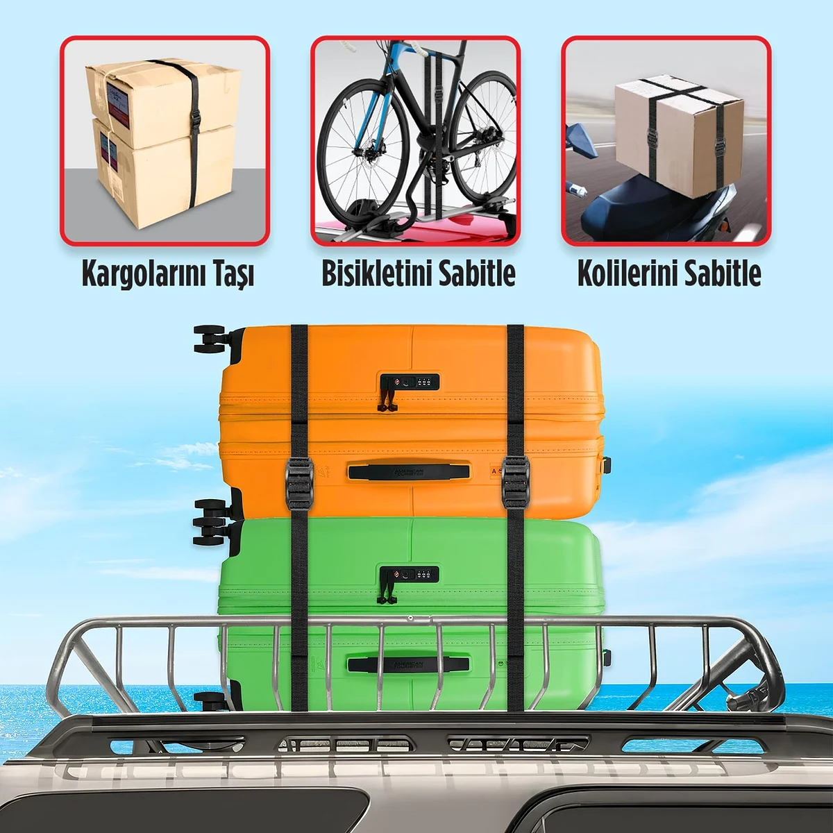 Automix Ağır Yük ve Bagaj Sabitleme Seti - Metal Kancalı Esnek File + 250 cm Tokalı Bağlama Kayışı - Bagaj Lastiği