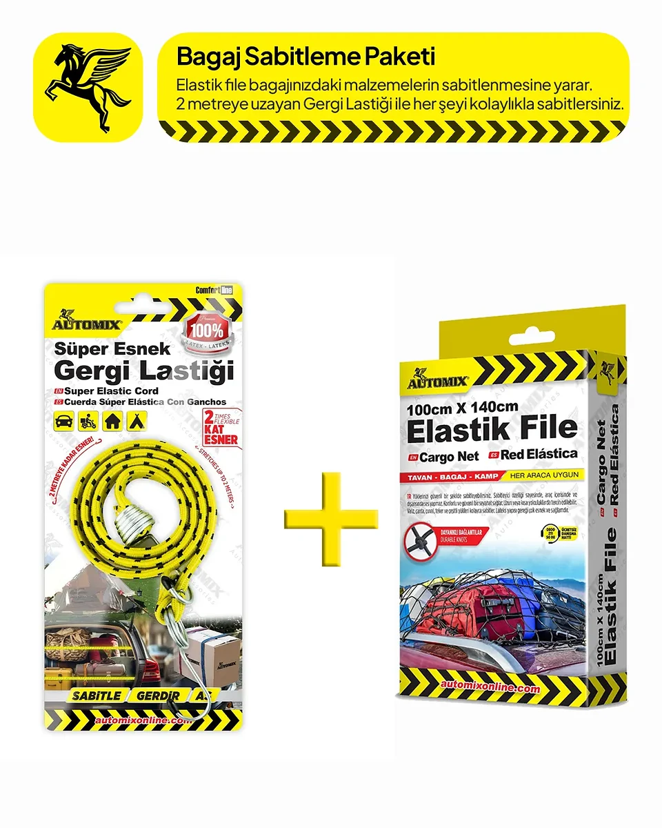 Automix Çok Amaçlı Yük Sabitleme Seti - Metal Kancalı Esnek File + 2 Metreye Kadar Esneyen Latex Gergi Lastiği - Ba