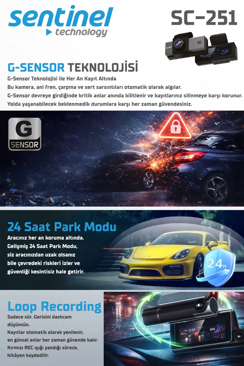 Senti̇nel Kayıt Ci̇hazı 4K 3.2" Ekran 2 Kameralı - Araç İçi Kamera