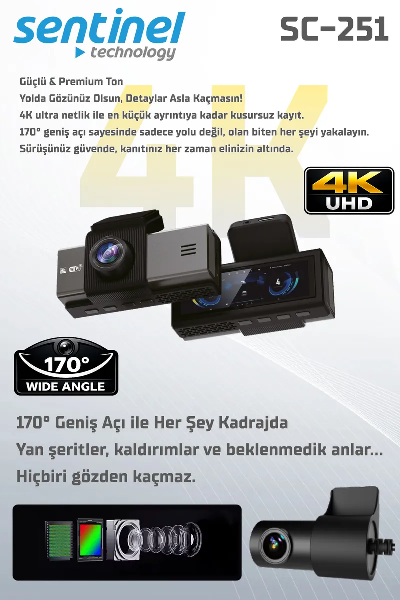 Senti̇nel Kayıt Ci̇hazı 4K 3.2" Ekran 2 Kameralı - Araç İçi Kamera