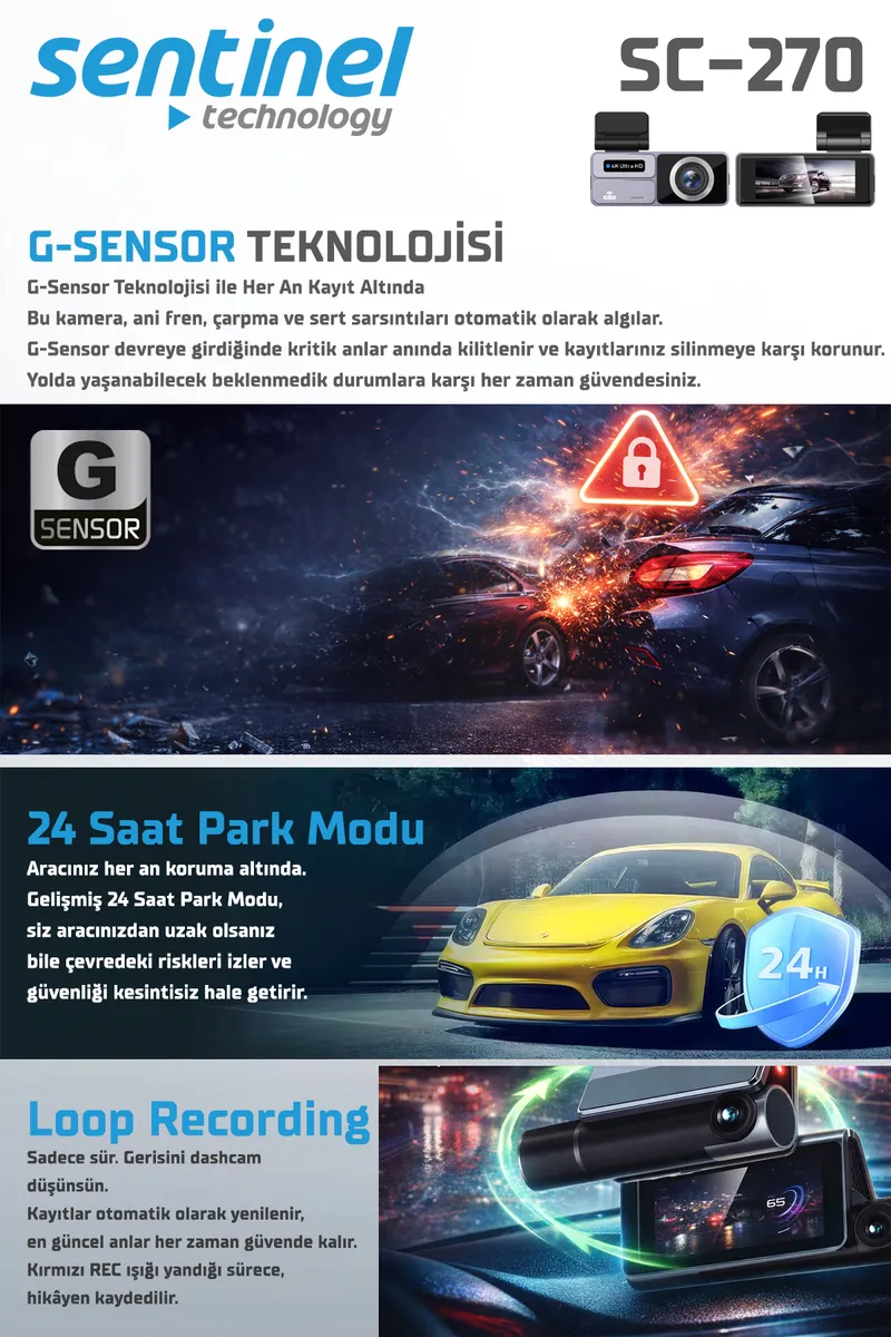 Senti̇nel Kayıt Ci̇hazı 4k 3.2" Dokunmati̇k Ekran 2 Kameralı - Araç İçi Kamera