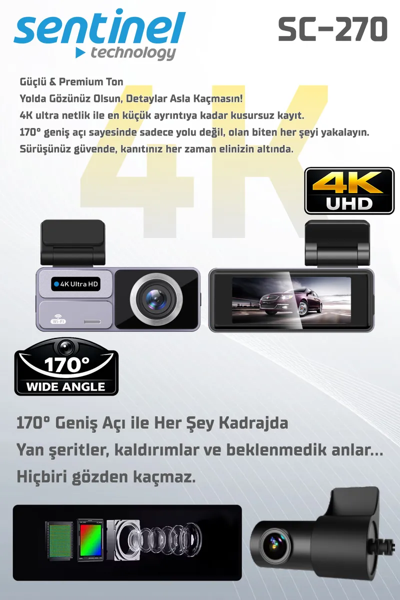 Senti̇nel Kayıt Ci̇hazı 4k 3.2" Dokunmati̇k Ekran 2 Kameralı - Araç İçi Kamera