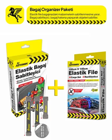 Automix Esnek Bagaj Filesi (50x60 cm) ve 3'lü Cırtlı Bagaj Sabitleyici Lastik Seti / Eşya Sabitleme Paketi - Bagaj Lastiği