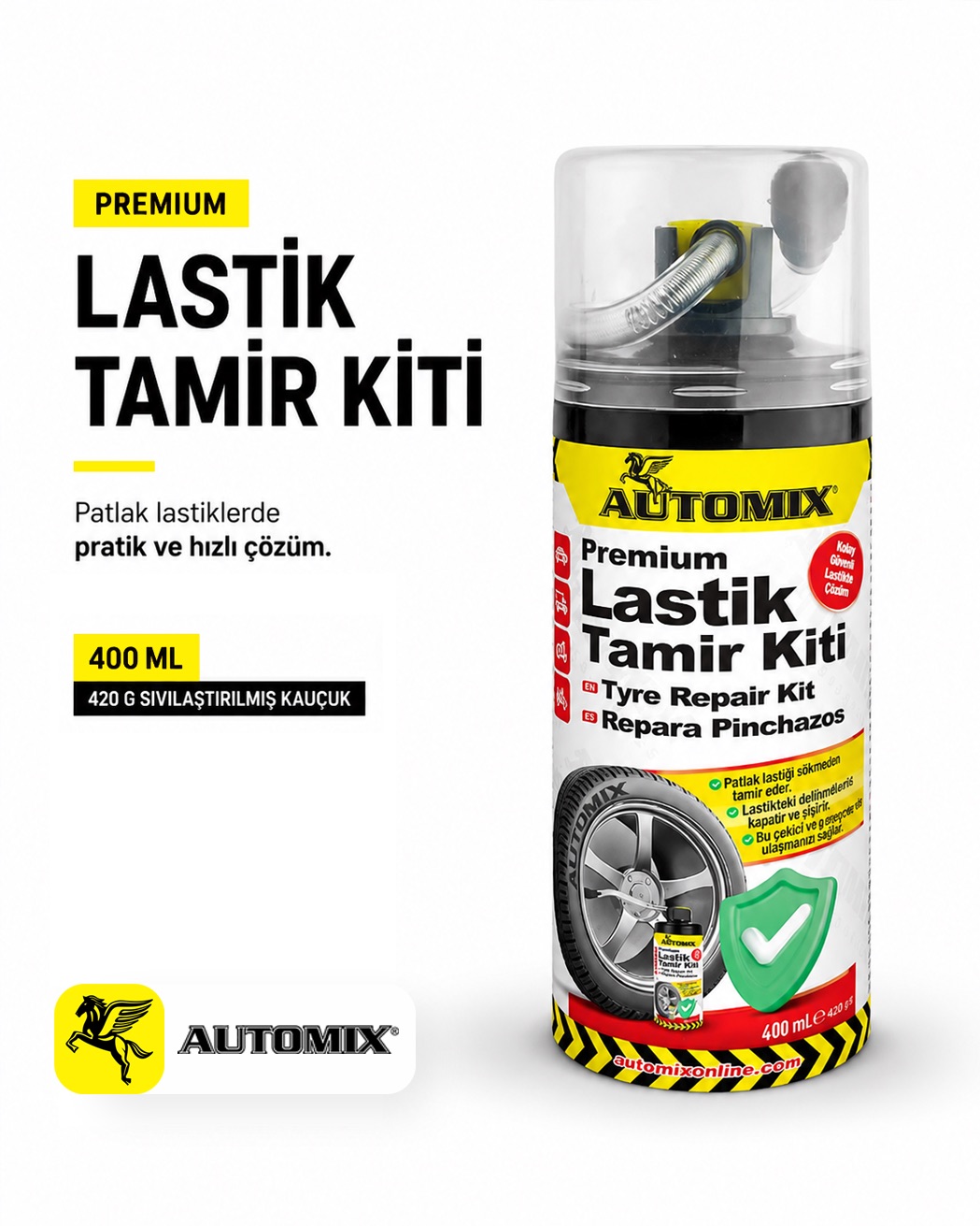 Automix Premium Patlak Lastik Tamir Spreyi 400 ML - 420 Gr. Sıvı Kauçuk - Lastik Tamir Kiti