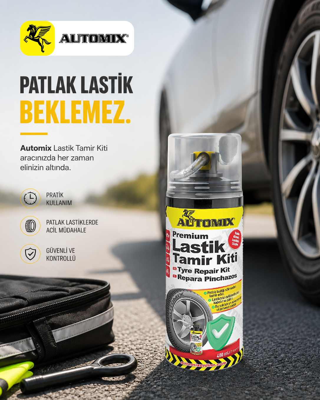 Automix Premium Patlak Lastik Tamir Spreyi 400 ML - 420 Gr. Sıvı Kauçuk - Lastik Tamir Kiti