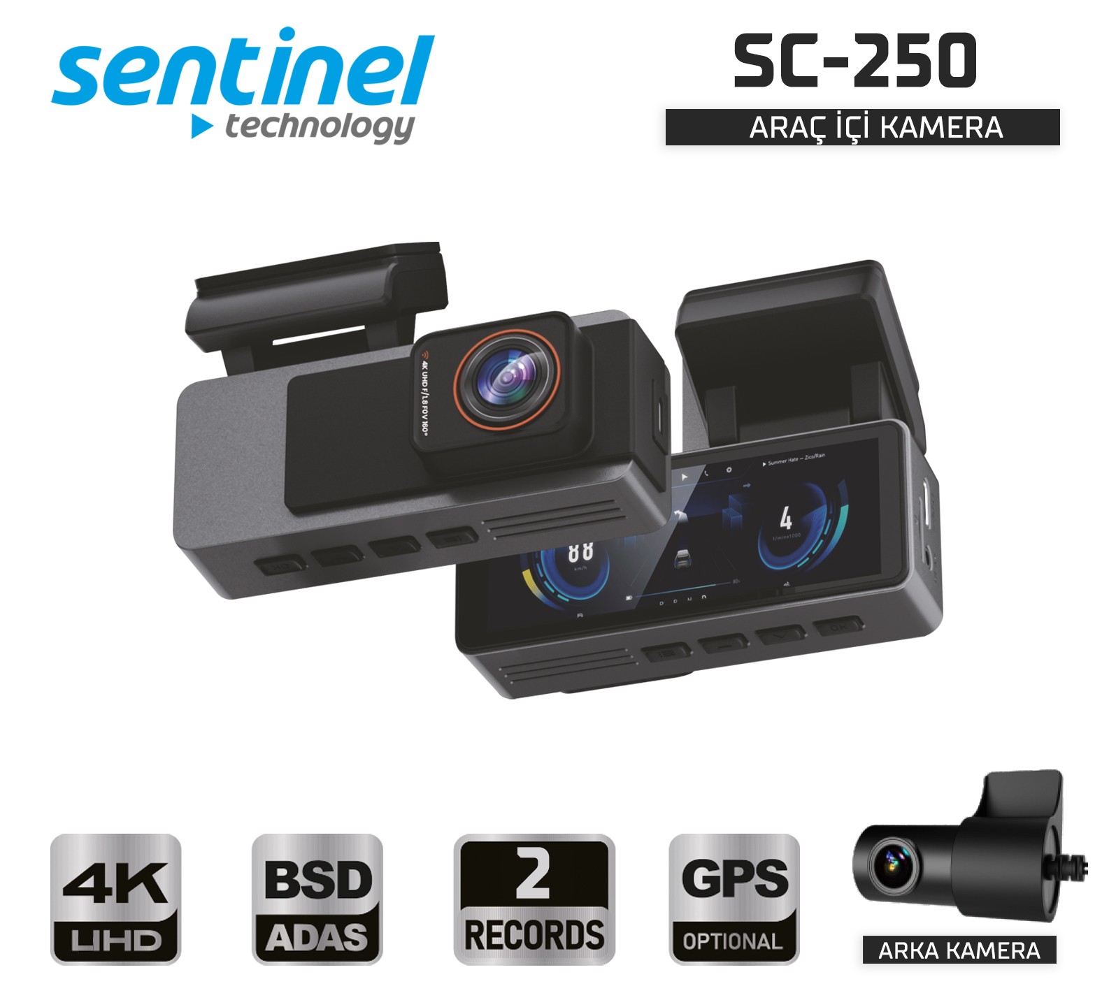 Senti̇nel Kayıt Ci̇hazı 4K 3.2" Ekran 2 Kameralı - Araç İçi Kamera