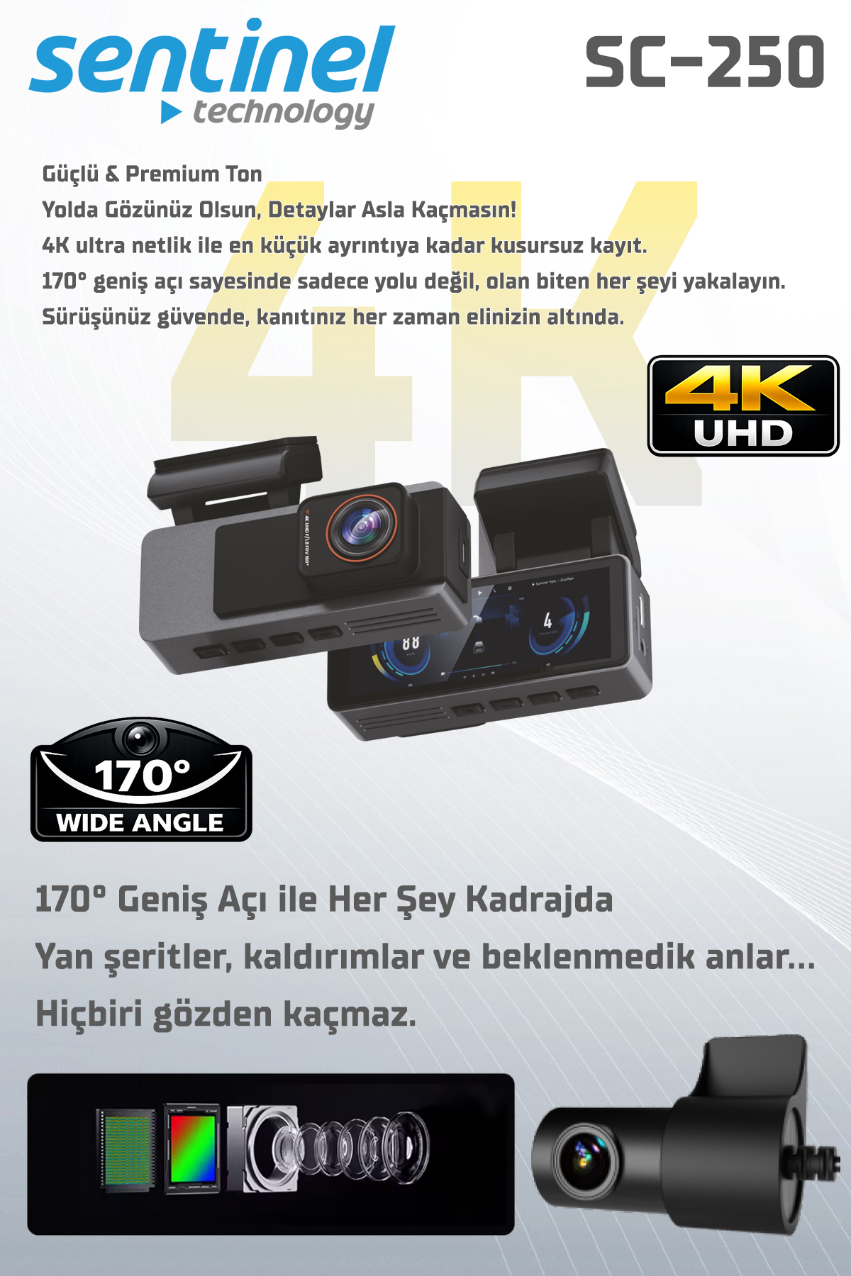 Senti̇nel Kayıt Ci̇hazı 4K 3.2" Ekran 2 Kameralı - Araç İçi Kamera