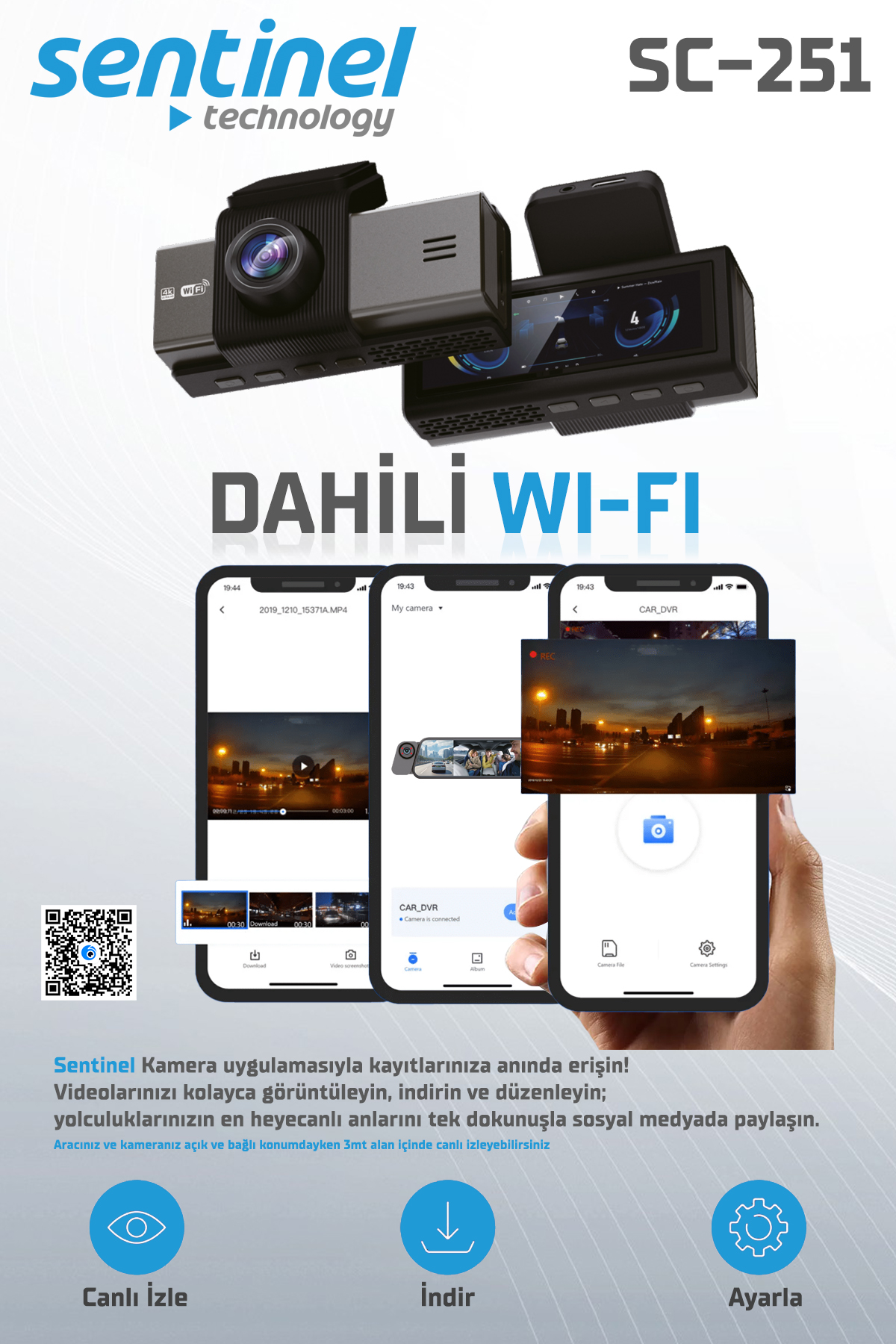 Senti̇nel Kayıt Ci̇hazı 4K 3.2" Ekran 2 Kameralı - Araç İçi Kamera