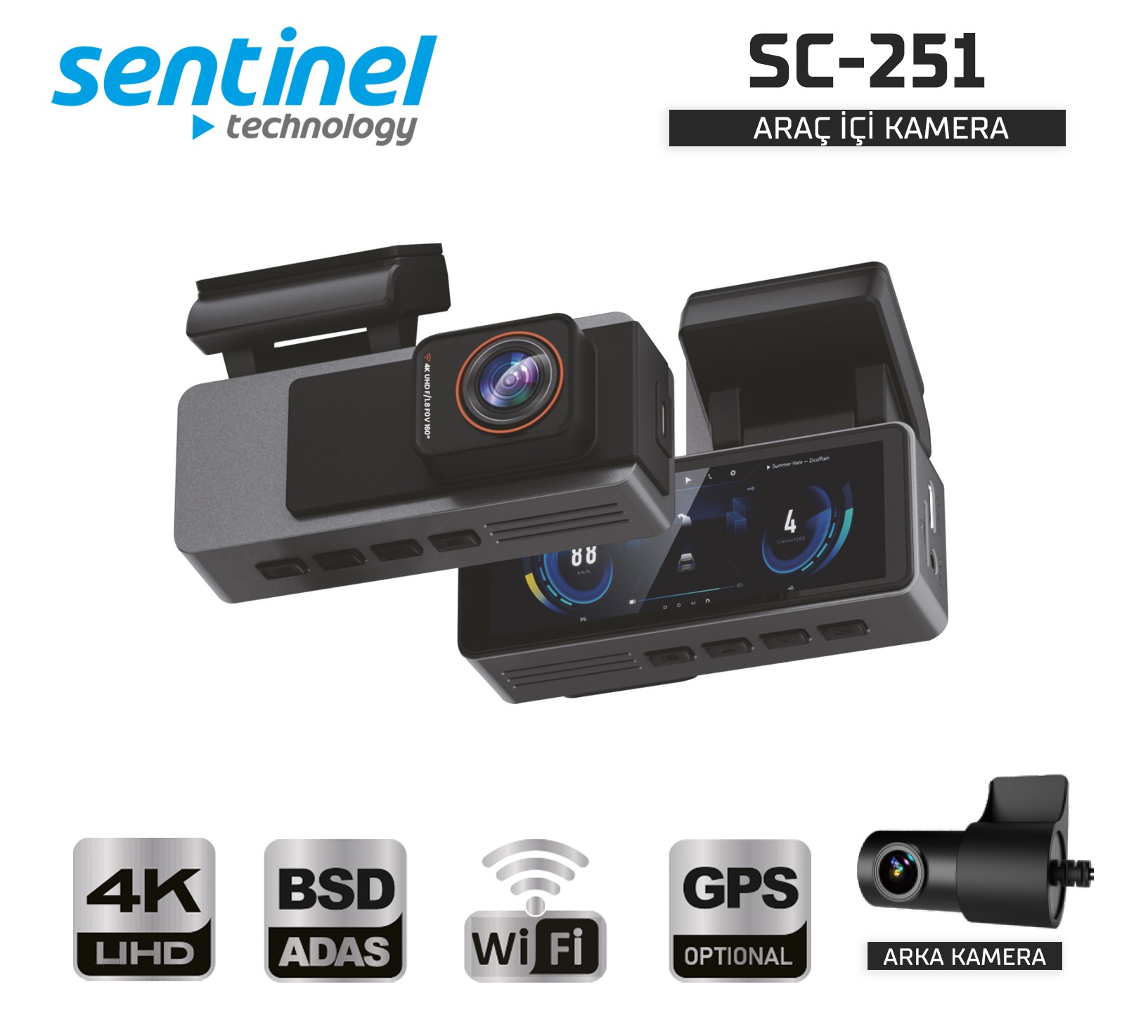 Senti̇nel Kayıt Ci̇hazı 4K 3.2" Ekran 2 Kameralı - Araç İçi Kamera