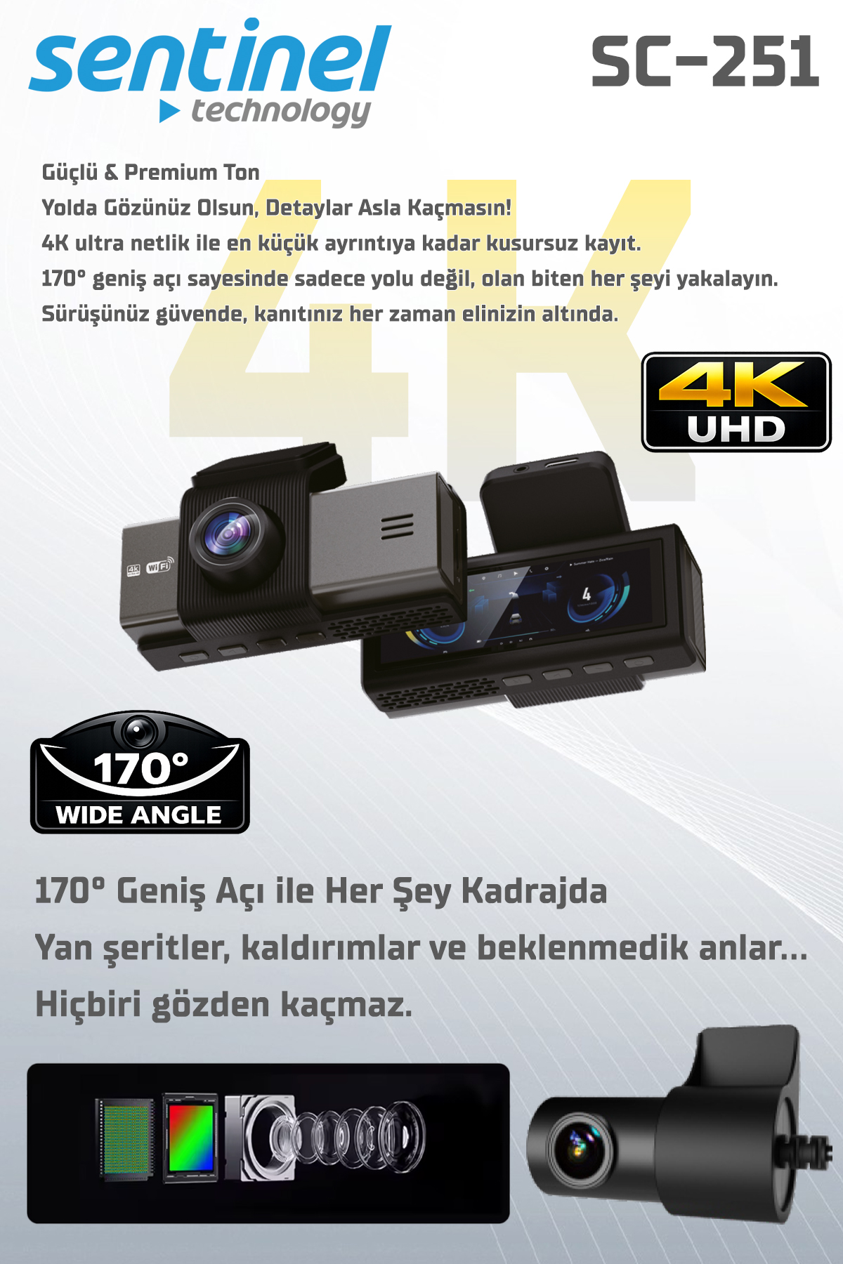 Senti̇nel Kayıt Ci̇hazı 4K 3.2" Ekran 2 Kameralı - Araç İçi Kamera