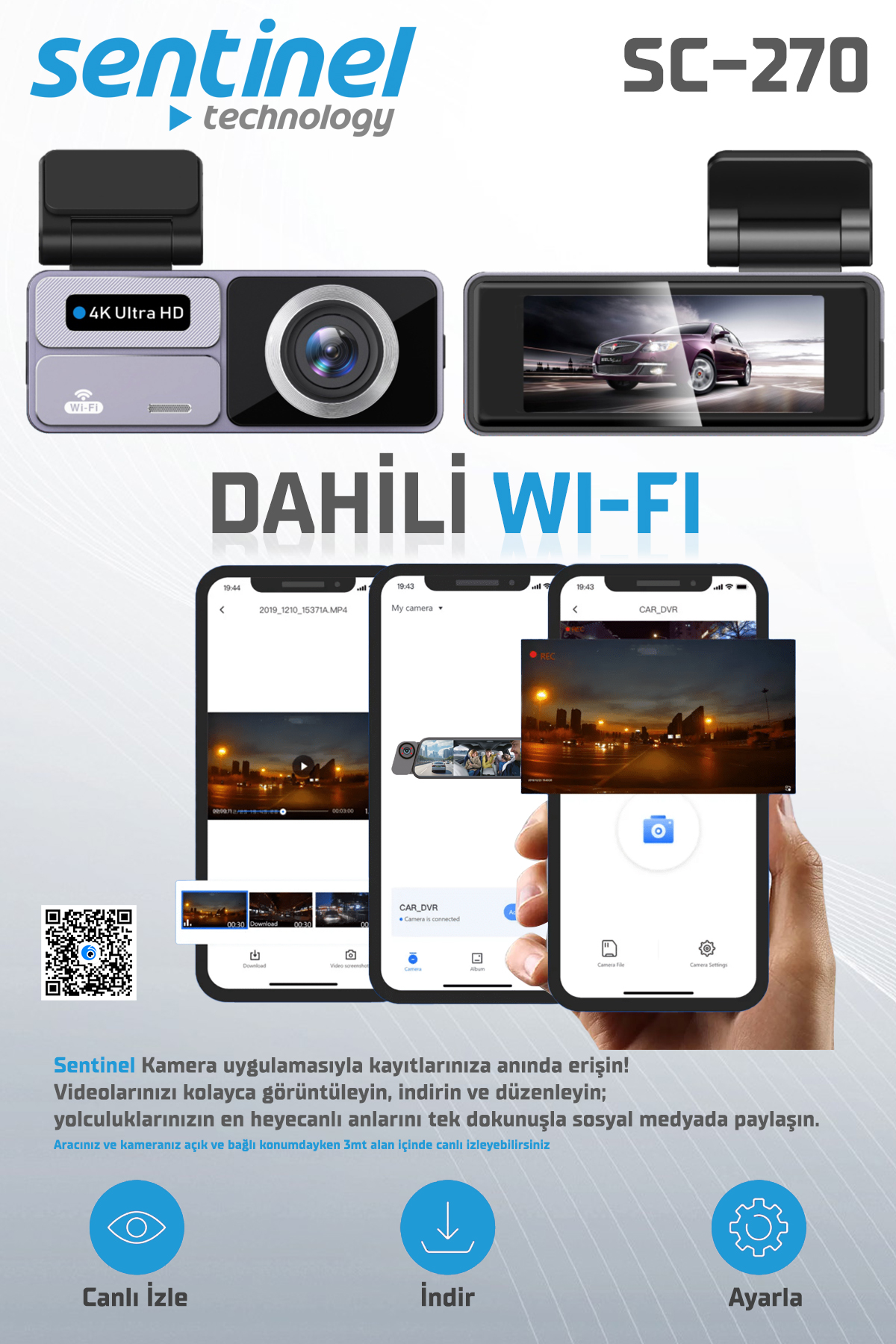 Senti̇nel Kayıt Ci̇hazı 4k 3.2" Dokunmati̇k Ekran 2 Kameralı - Araç İçi Kamera