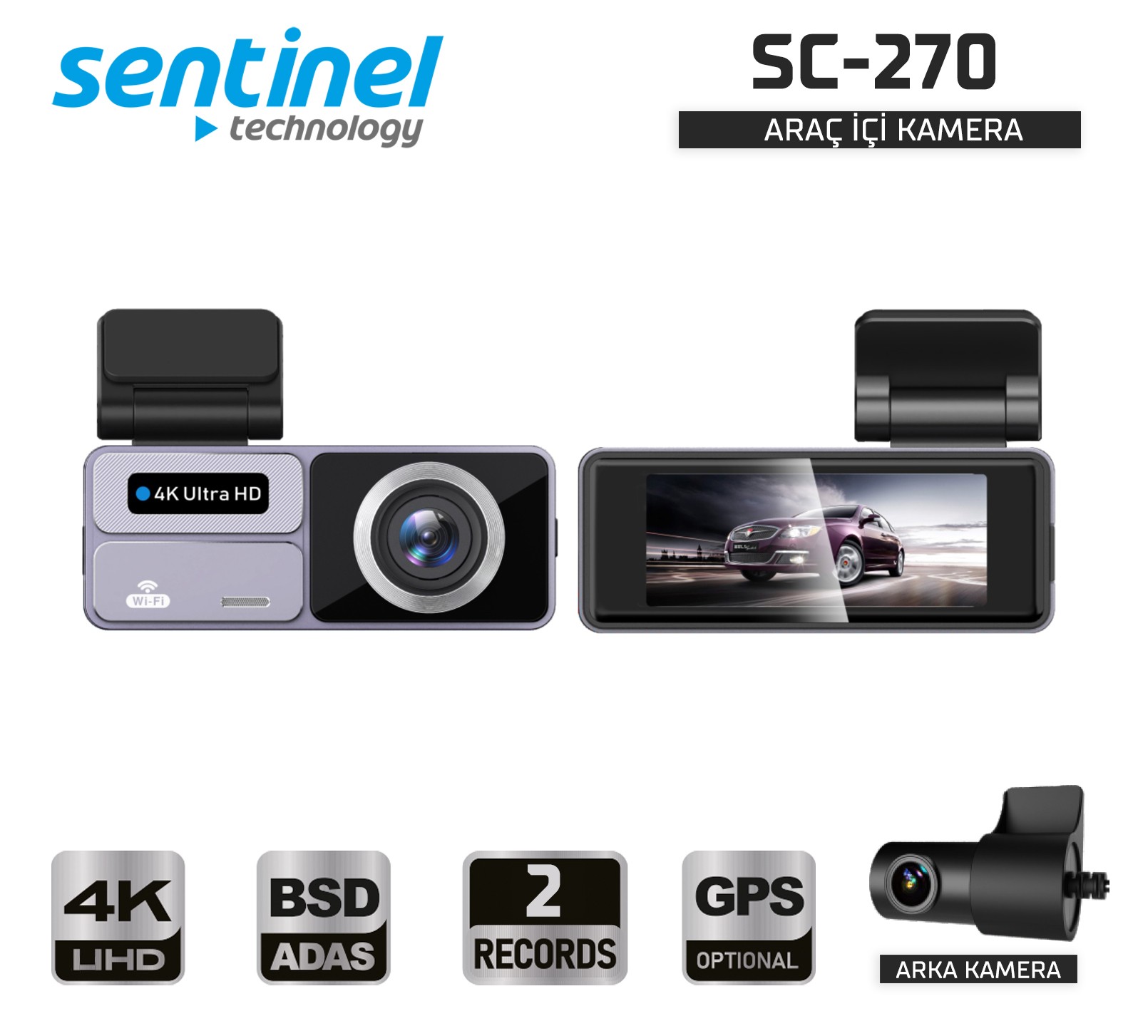Senti̇nel Kayıt Ci̇hazı 4k 3.2" Dokunmati̇k Ekran 2 Kameralı - Araç İçi Kamera
