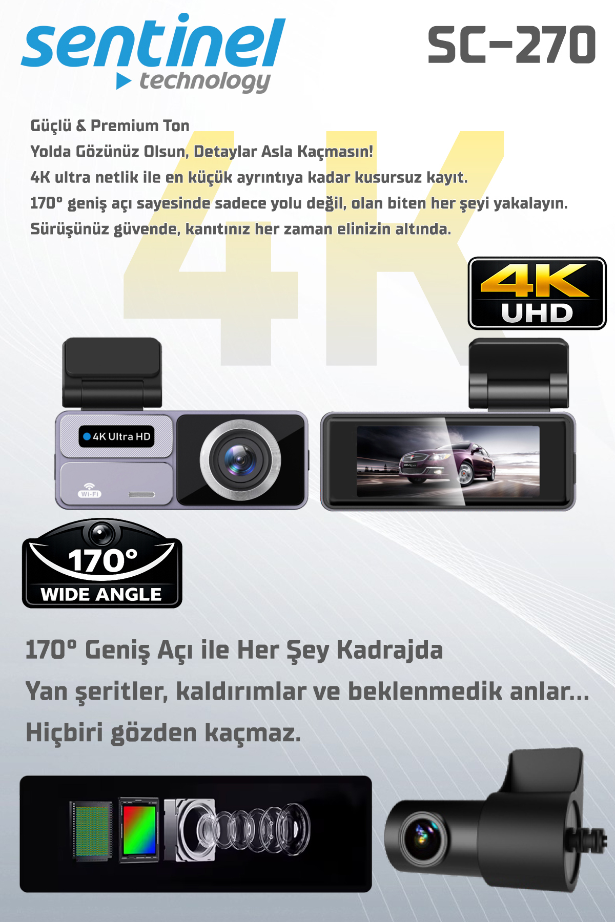Senti̇nel Kayıt Ci̇hazı 4k 3.2" Dokunmati̇k Ekran 2 Kameralı - Araç İçi Kamera