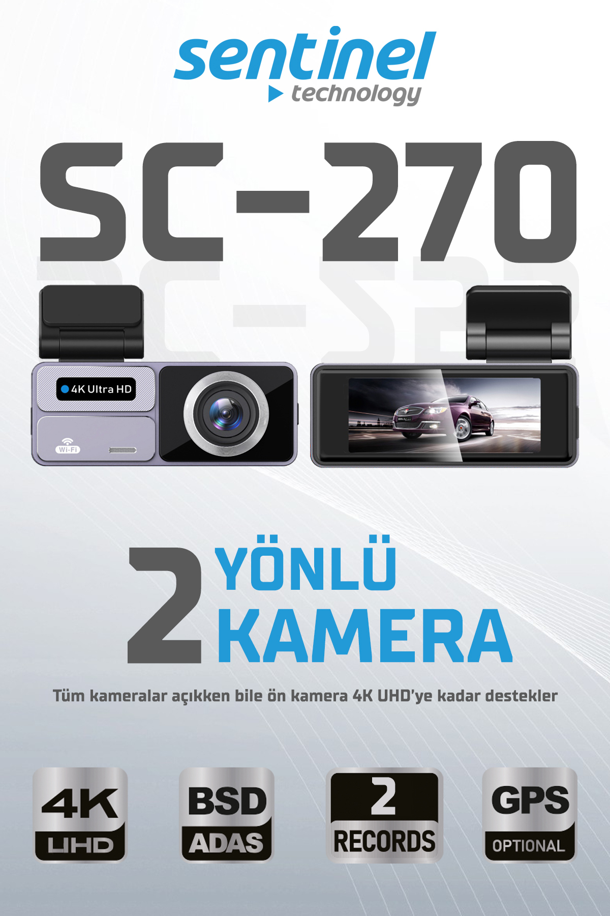Senti̇nel Kayıt Ci̇hazı 4k 3.2" Dokunmati̇k Ekran 2 Kameralı - Araç İçi Kamera
